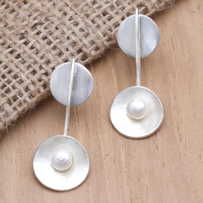 Cultured pearl drop earrings, 'Silver Spoons' - Hand Crafted Pearl and Sterling Silver Drop Earrings