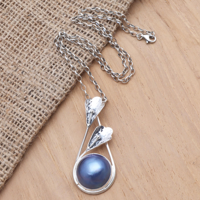 Cultured pearl pendant necklace, 'Forest by the Blue Ocean' - Blue Cultured Pearl and Sterling Silver Pendant Necklace