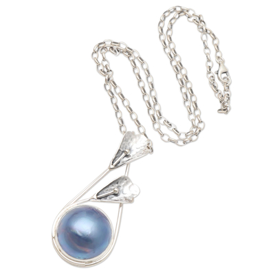 Cultured pearl pendant necklace, 'Forest by the Blue Ocean' - Blue Cultured Pearl and Sterling Silver Pendant Necklace
