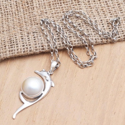 Cultured pearl pendant necklace, 'Dolphin Show' - Hand Made Pearl and Sterling Silver Pendant Necklace