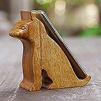 Wood phone stand, 'Dialing Cat' - Hand Made Jempinis Wood Cat Phone Stand