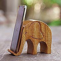 Wood phone stand, 'Dialing Elephant' - Handmade Suar Wood Elephant Phone Stand