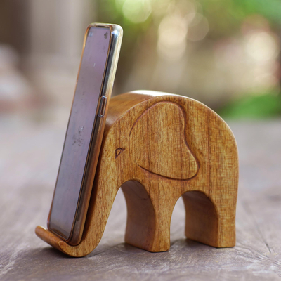 Wood phone stand, 'Dialing Elephant' - Handmade Suar Wood Elephant Phone Stand
