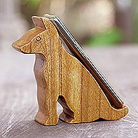 Wood phone stand, 'Dialing Dog' - Hand Carved Suar Wood Phone Stand