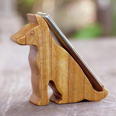 Wood phone stand, 'Dialing Dog' - Hand Carved Suar Wood Phone Stand