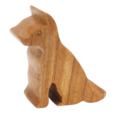 Wood phone stand, 'Dialing Dog' - Hand Carved Jempinis Wood Phone Stand