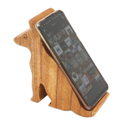 Wood phone stand, 'Dialing Dog' - Hand Carved Jempinis Wood Phone Stand