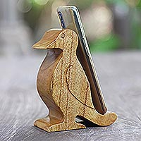 Wood phone stand, 'Dialing Bird' - Hand Crafted Suar Wood Bird Phone Stand
