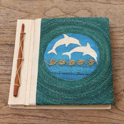 Natural fiber journal, 'Pisces Sign in Blue' - Natural Fiber Dolphin Journal in Blue