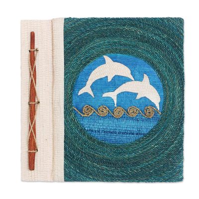 Natural fiber journal, 'Pisces Sign in Blue' - Natural Fiber Dolphin Journal in Blue