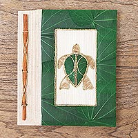 Natural fiber journal, 'Tortoise Thoughts in Green' - Green Natural Fiber Turtle-Motif Journal