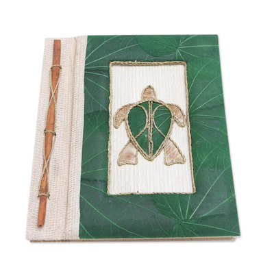 Natural fiber journal, 'Tortoise Thoughts in Green' - Green Natural Fiber Turtle-Motif Journal
