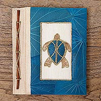 Natural fiber journal, 'Tortoise Thoughts in Blue' - Blue Natural Fiber Turtle-Motif Journal
