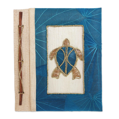 Natural fiber journal, 'Tortoise Thoughts in Blue' - Blue Natural Fiber Turtle-Motif Journal