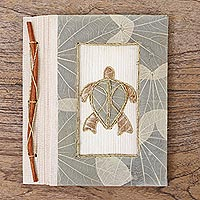 Natural fiber journal, 'Tortoise Thoughts in Grey' - Grey Natural Fiber Turtle-Motif Journal