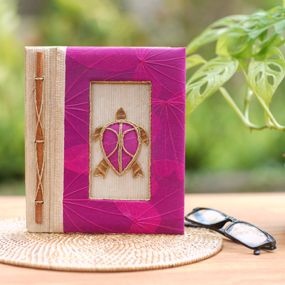 Natural fiber journal, 'Tortoise Thoughts in Pink' - Pink Natural Fiber Turtle-Motif Journal