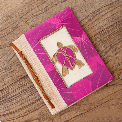 Natural fiber journal, 'Tortoise Thoughts in Pink' - Pink Natural Fiber Turtle-Motif Journal