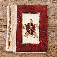Natural fiber journal, 'Tortoise Thoughts in Red' - Red Natural Fiber Turtle-Motif Journal