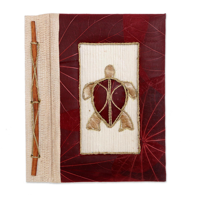 Natural fiber journal, 'Tortoise Thoughts in Red' - Red Natural Fiber Turtle-Motif Journal