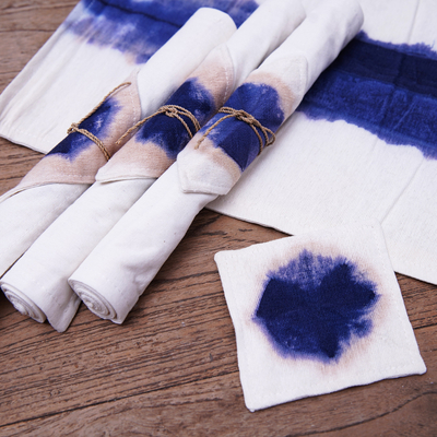 Tie-dyed cotton placemats and coasters, 'Indigo River' (set for 4) - Hand Crafted Placemats and Coasters (Set for 4)