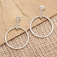 Sterling silver dangle earrings, 'Throw for a Loop' - Round Sterling Silver Dangle Earrings from Bali