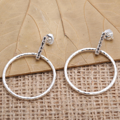 Sterling silver dangle earrings, 'Throw for a Loop' - Round Sterling Silver Dangle Earrings from Bali