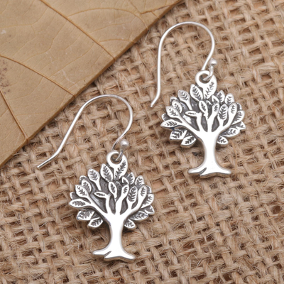 Sterling silver dangle earrings, 'Silver Banyan Tree' - Sterling Silver Tree-Motif Dangle Earrings