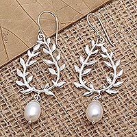 Cultured pearl dangle earrings, 'Pearly Rice' - Sterling Silver Leaf-Motif Cultured Pearl Dangle Earrings