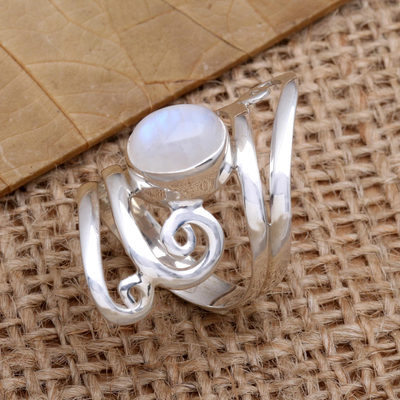 Rainbow moonstone cocktail ring, 'Sunshine Summer in White' - Sterling Silver and Rainbow Moonstone Cocktail Ring