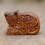 Wood puzzle box, 'Sleepy Cat' - Hand Made Suar Wood Cat Puzzle Box