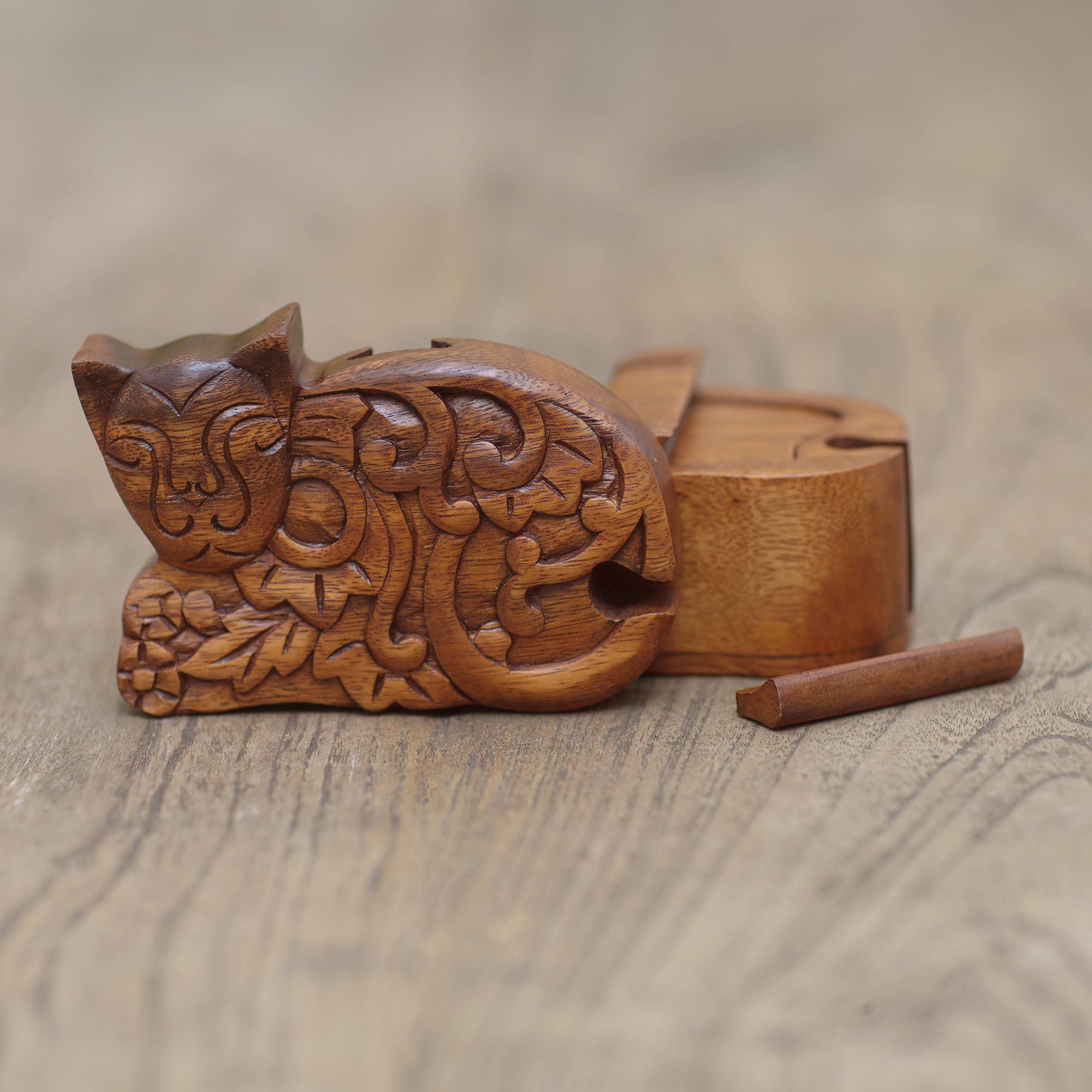 Hand Made Suar Wood Cat Puzzle Box Sleepy Cat NOVICA