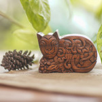 Wood puzzle box, 'Sleepy Cat' - Hand Made Suar Wood Cat Puzzle Box