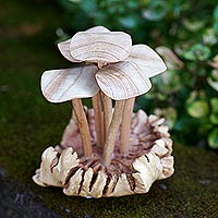 Wood statuette, 'Tiger Milk Mushroom' - Hand Made Jempinis Wood Mushroom Statuette