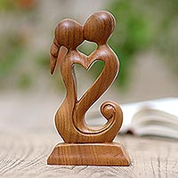 Wood statuette, 'Kisses for You in Brown' - Hand Carved Romantic Suar Wood Statuette
