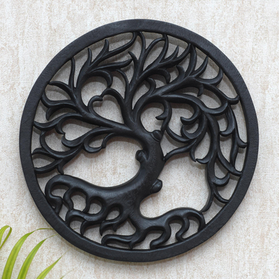 Wood relief panel, 'Ginseng Tree' - Hand Carved Suar Wood Tree-Motif Relief Panel