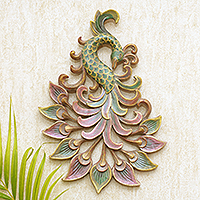 Wood relief panel, 'Queen of the Peacock' - Hand Painted Suar Wood Peacock Relief Panel