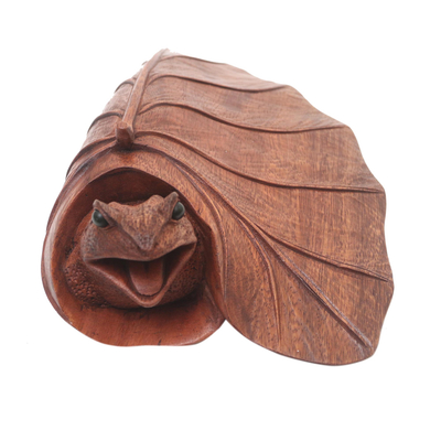 Wood statuette, 'Chilly Frog' - Handmade Suar Wood Frog Sculpture