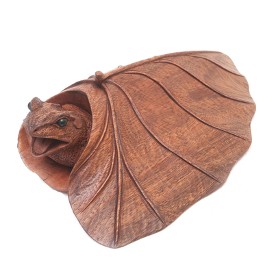 Wood statuette, 'Chilly Frog' - Handmade Suar Wood Frog Sculpture