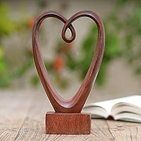 Wood statuette, 'Valentine Edition' - Hand Carved Suar Wood Heart Sculpture