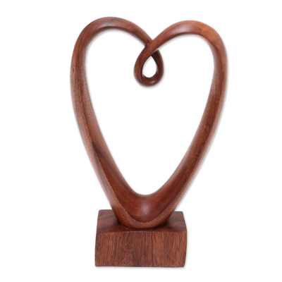 Wood statuette, 'Valentine Edition' - Hand Carved Suar Wood Heart Sculpture