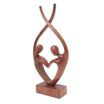 Wood statuette, 'Balanced Love' - Hand Carved Suar Wood Romantic Sculpture