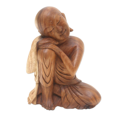 Wood sculpture, 'Sleeping Bitsu' - Hand Made Suar Wood Sculpture