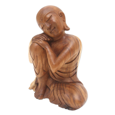 Wood sculpture, 'Sleeping Bitsu' - Hand Made Suar Wood Sculpture