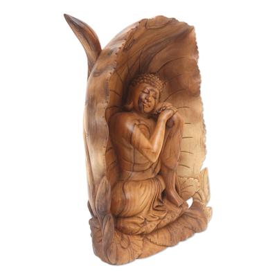 Wood sculpture, 'Bodhi Leaf Buddha' - Handmade Suar Wood Buddha Sculpture