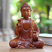 Escultura de madera, 'Holy Pitcher' - Escultura de Buda de madera de Suar hecha a mano