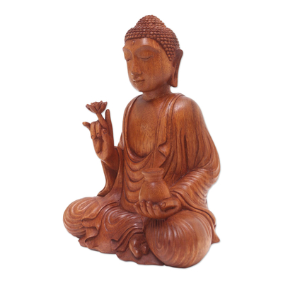 Wood sculpture, 'Holy Pitcher' - Hand Made Suar Wood Buddha Sculpture