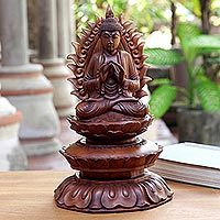 Wood sculpture, 'King Buddha' - Hand Crafted Suar Wood Buddha Sculpture