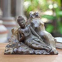 Wood sculpture, 'Buddha's Mood' - Hand Carved Suar Wood Buddha Sculpture