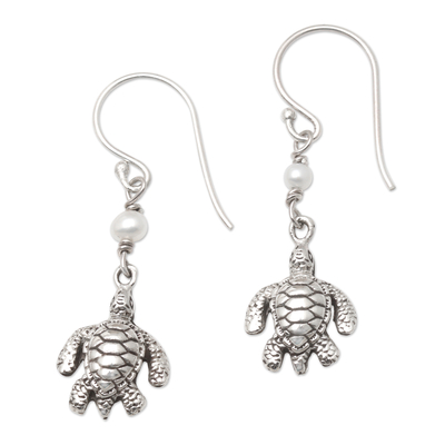 Cultured pearl dangle earrings, 'Swimming Sea Turtle' - Cultured Pearl and Sterling Silver Turtle Earrings