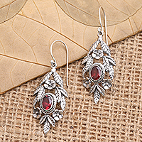 Garnet dangle earrings, 'Fiery Frangipani' - Garnet and Sterling Silver Floral Dangle Earrings